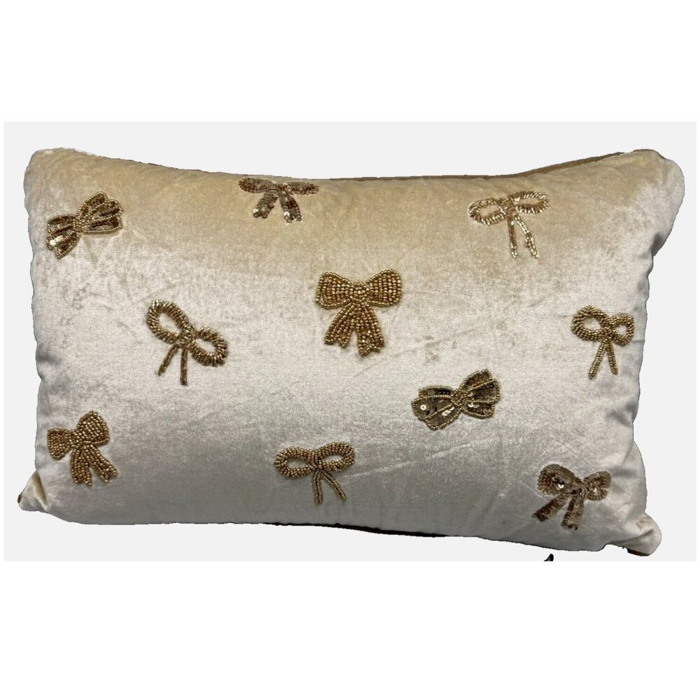 Elie Tahari Embellished Gold Bows Pillow Beads Sequin Velour Christmas Holidays